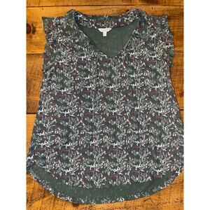 Womens Lucky Brand Olive‎ Green Floral Sheer Cap Sleeve Blouse Size L